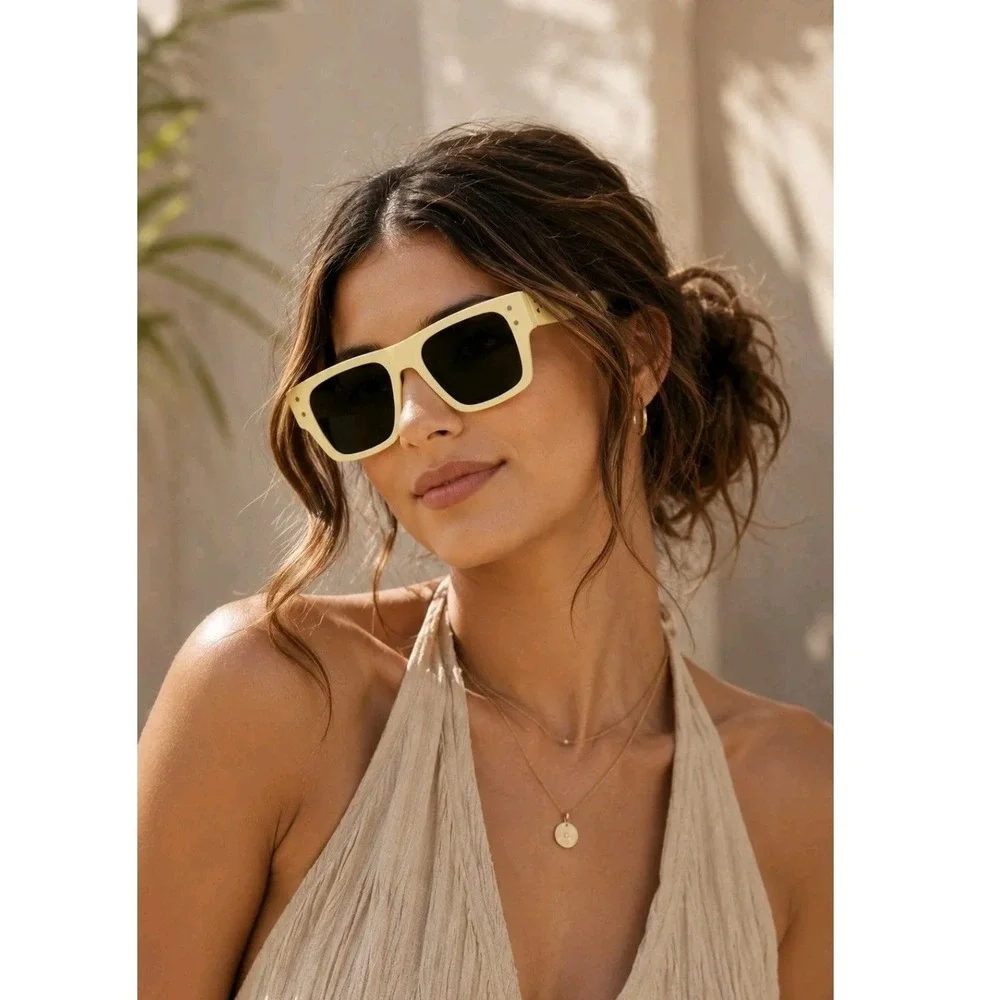 Free People Brisbane Studded Rectangle Sunglasses Banana Cream Yellow OB1496660